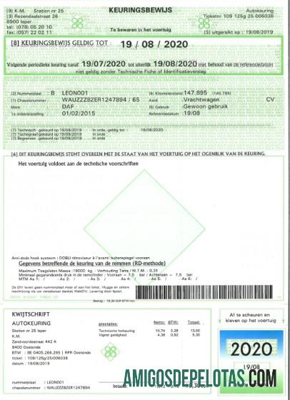 Certificado de registro de veículo da Bélgica amostra